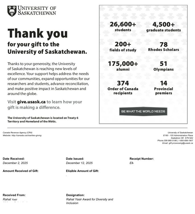 LinkedIn post about the award renewal and pledge at University of Saskatchewan