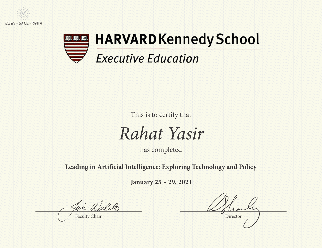 Exec Ed — Leading AI Policy, Strategy & Technology certificate